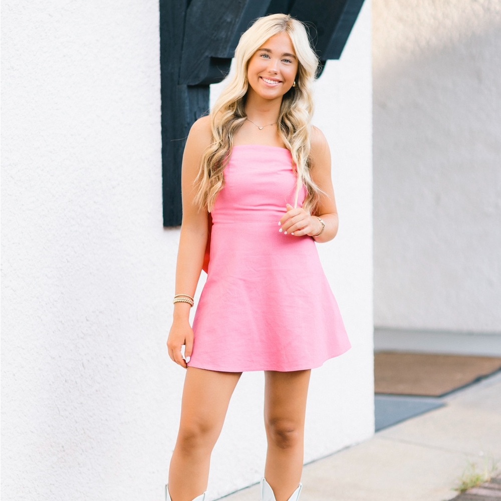 Pink Strapless Dress with Bow - Picture 5 of 6
